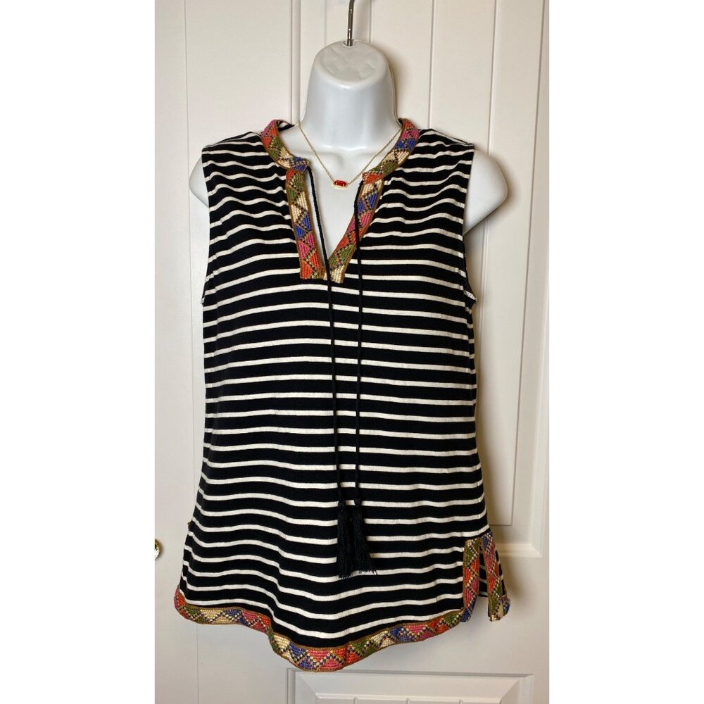 THML striped boho sleeveless top, Small, Embroidered Trim & Tassel Neckline